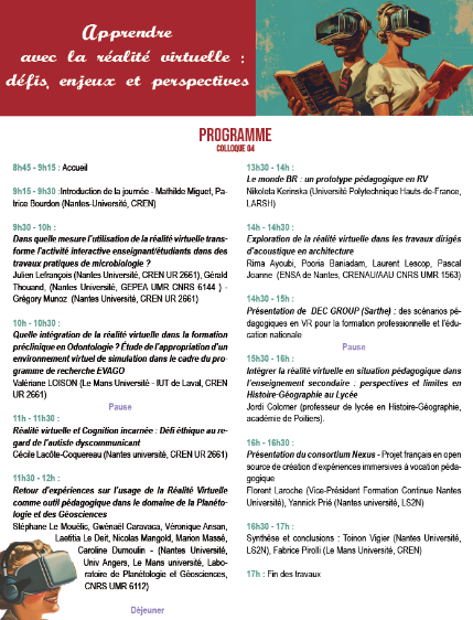 Flyer sur le programme de la journée du colloque « Apprendre avec la réalité virtuelle : défis, enjeux et perspectives »